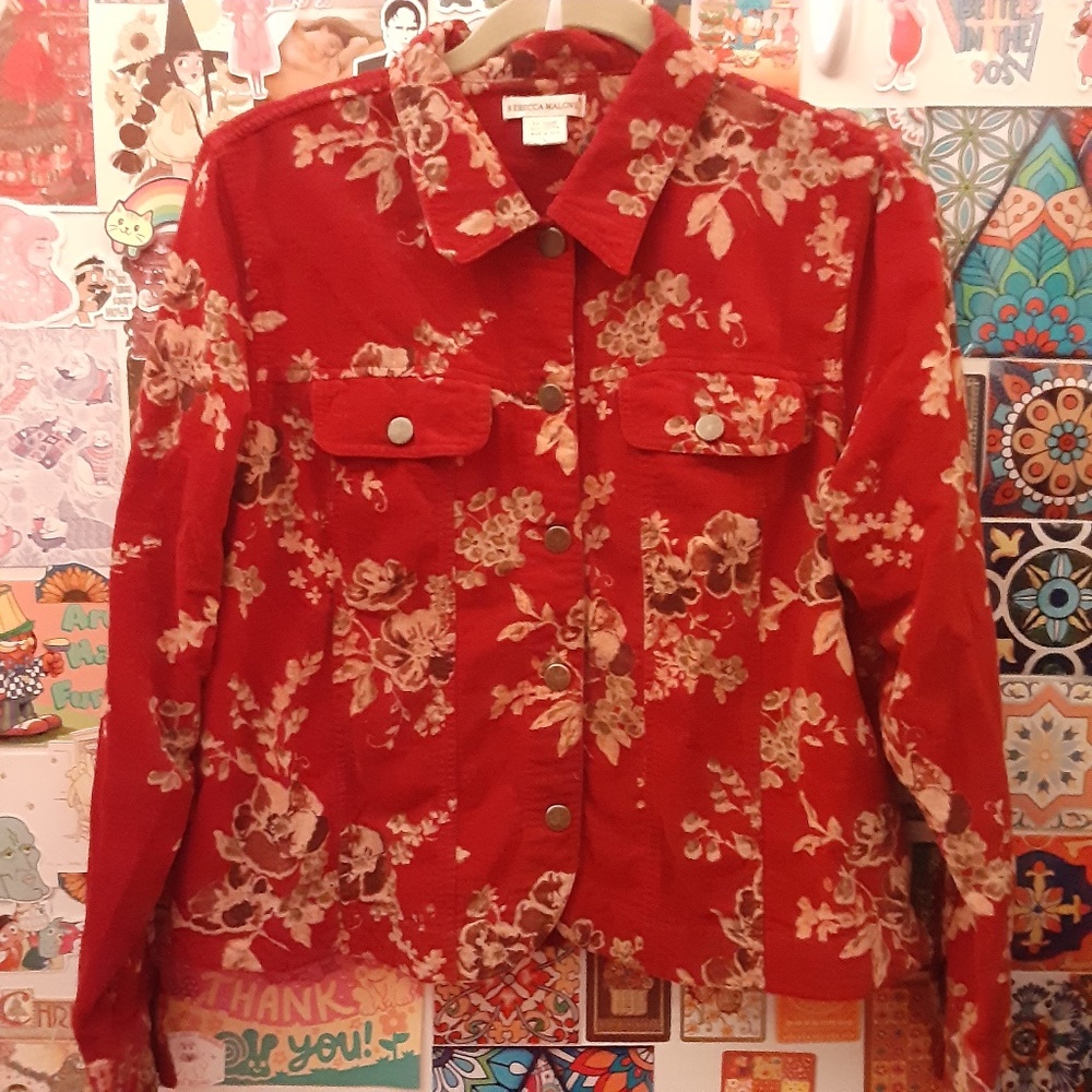 VTG 90's Rebecca Malone L Cotton Red Tan Corduroy Floral Boho Jacket Pockets